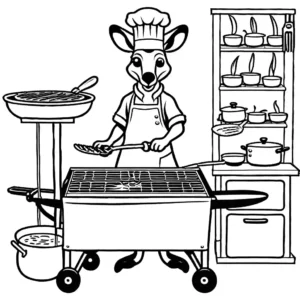 Kangaroo with chef's hat grilling barbecue coloring page