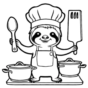 Adorable sloth wearing a chef's hat cooking in the kitchen coloring page