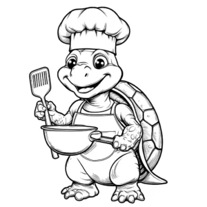 Turtle with chef's hat, spatula, and mixing bowl coloring page