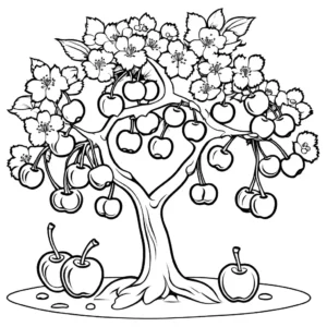 Cherry tree with flowers and fruits coloring page