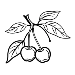 Cherry with Stem and Leaves Coloring Page