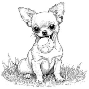 Chihuahua dog on grassy field holding a ball in its mouth coloring page