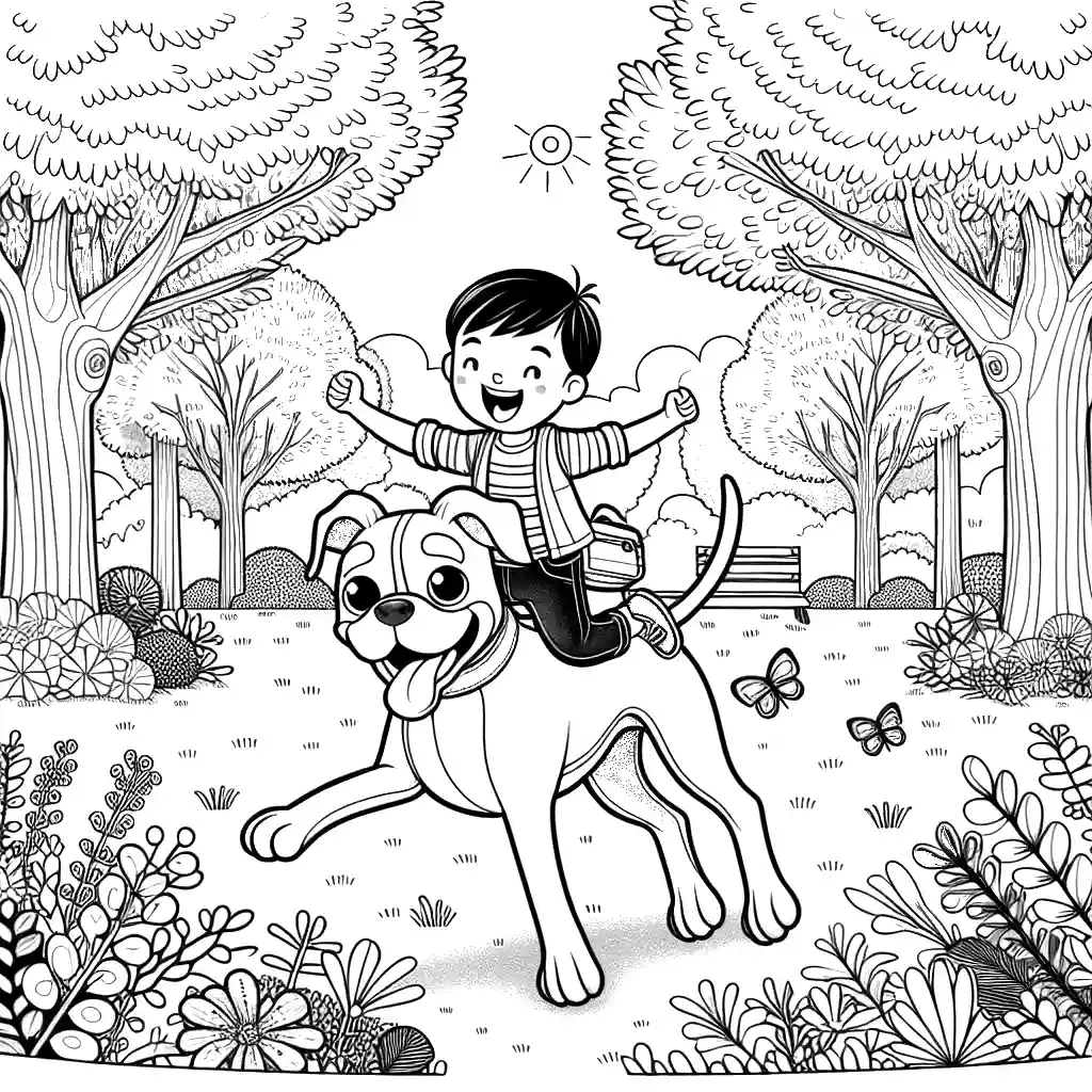 Child riding a boxer dog in the park coloring page