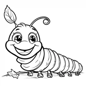 Happy Cartoon Caterpillar with Leaf in Mouth for Coloring coloring page
