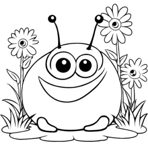 Chubby caterpillar with tiny eyes and lots of legs in a garden setting coloring page