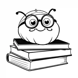Chubby caterpillar with big round glasses and a book on its head coloring page
