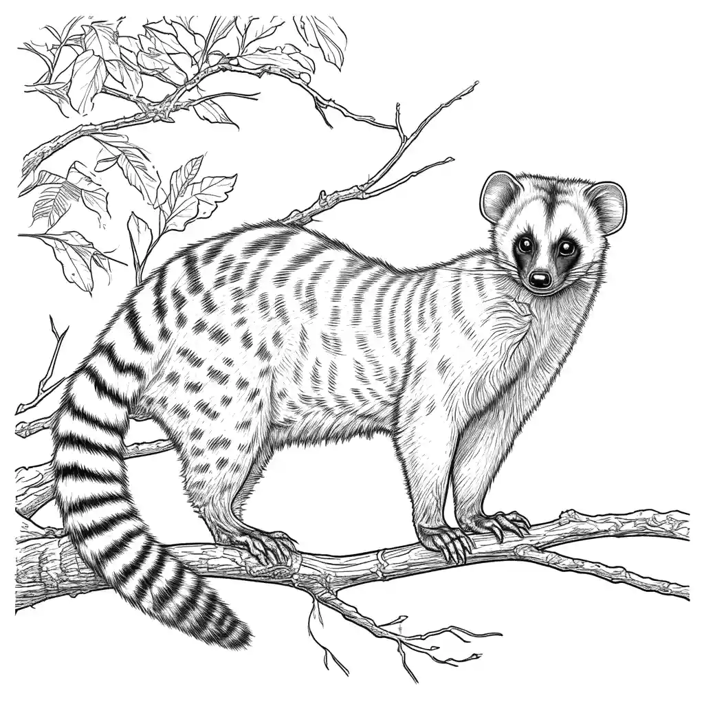 Civet standing on a tree branch in a line drawing coloring page