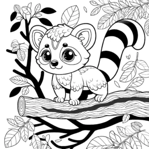 Civet animal standing on a tree branch with leaves coloring page