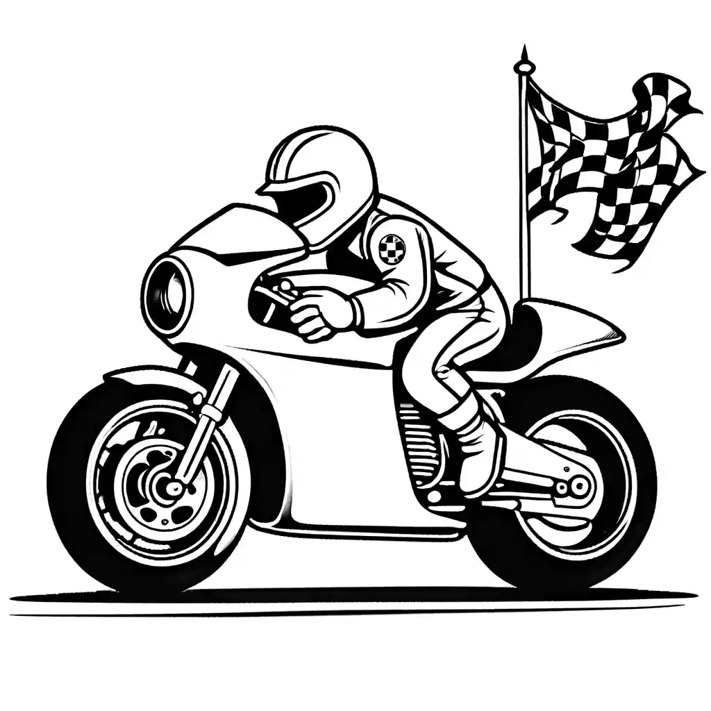 Racing motorcycle coloring page speeding on track with checkered flags coloring page