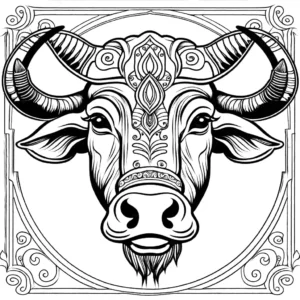 Coloring page showcasing an intricate close-up of a Water Buffalo's head. coloring page