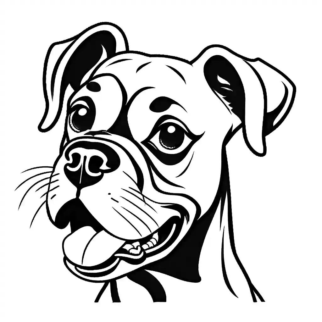 Happy boxer dog with its tongue out and ears up close up coloring page