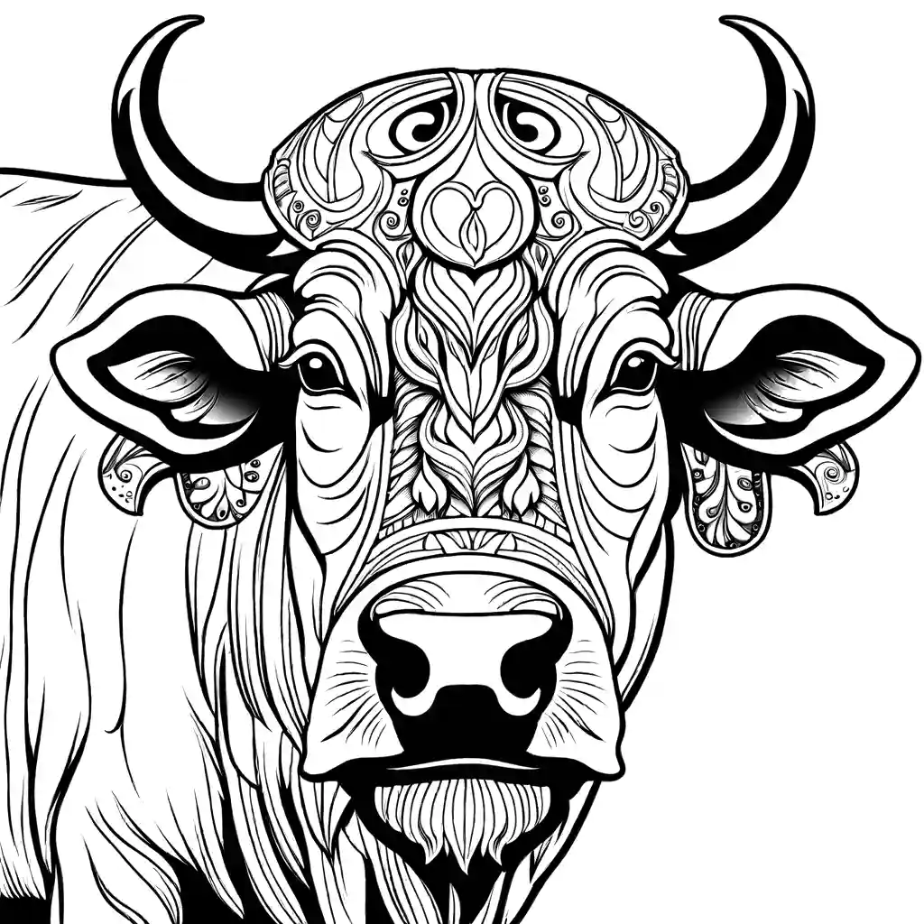 Close-up of a Water Buffalo head drawn with intricate details, for coloring. coloring page