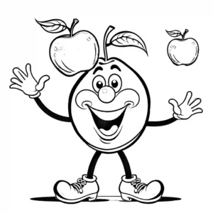 Coloring page of a funny apple with clown shoes and a big red nose, juggling smaller apples. coloring page