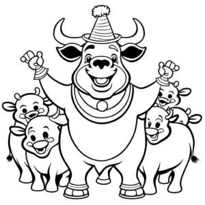 Bull in clown costume entertaining a crowd of circus animals coloring page