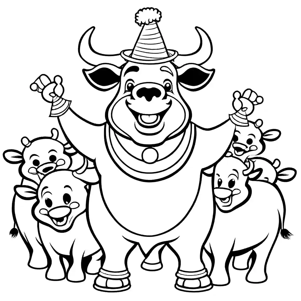 Bull in clown costume entertaining a crowd of circus animals coloring page