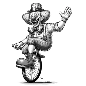 Clown on unicycle sketched coloring page for children coloring page