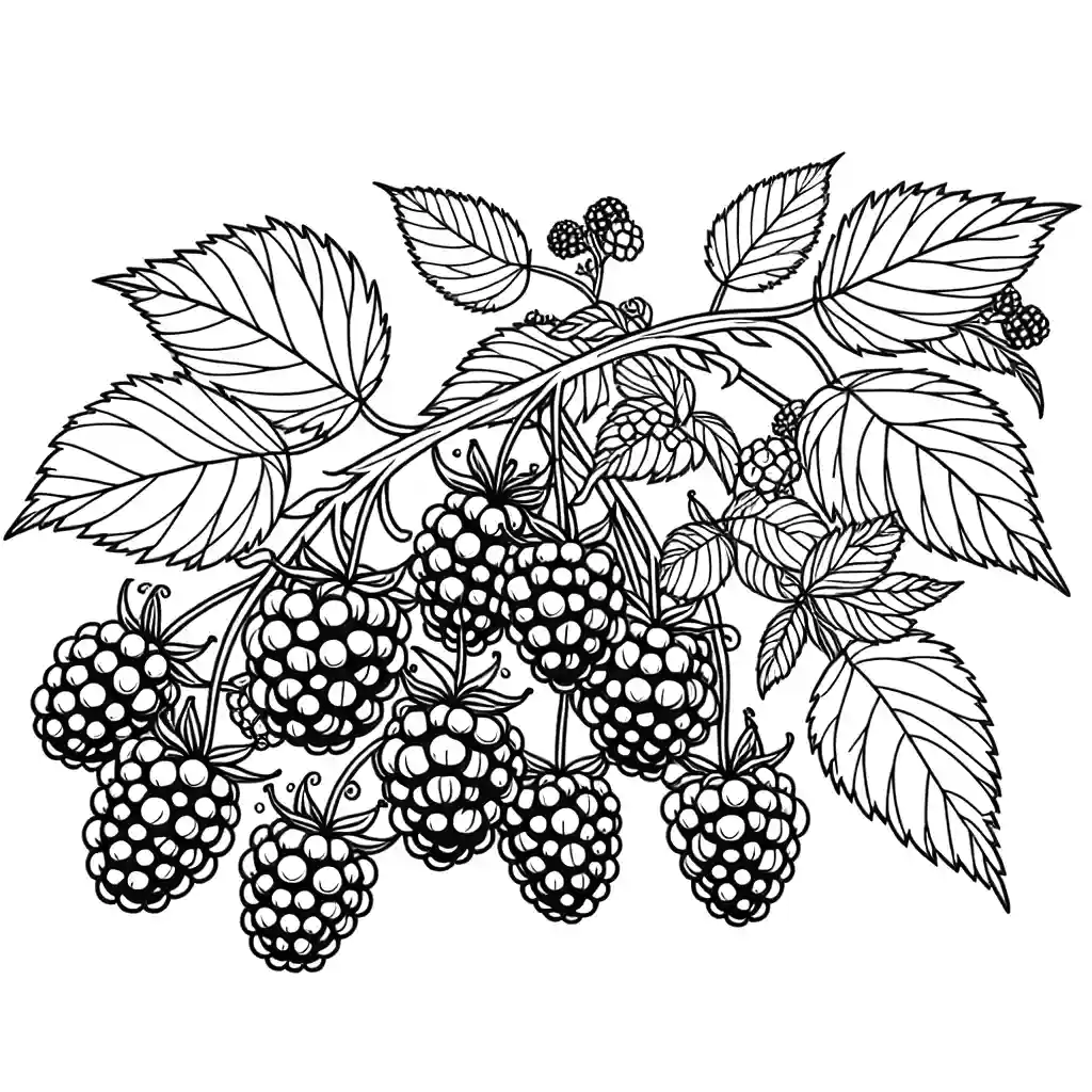 Ripe blackberries on a vine with leaves - coloring page