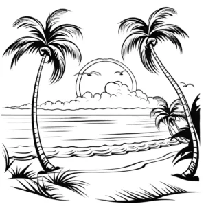 Coconut trees coloring page with ocean view coloring page