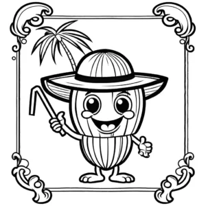Happy Coconut holding Cocktail with Straw Hat coloring page
