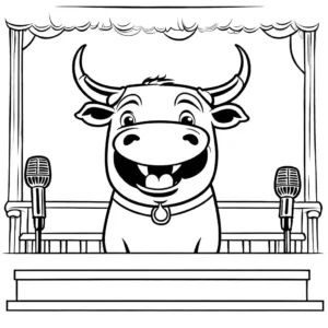 Cartoon bull on stage with microphone, making audience laugh coloring page