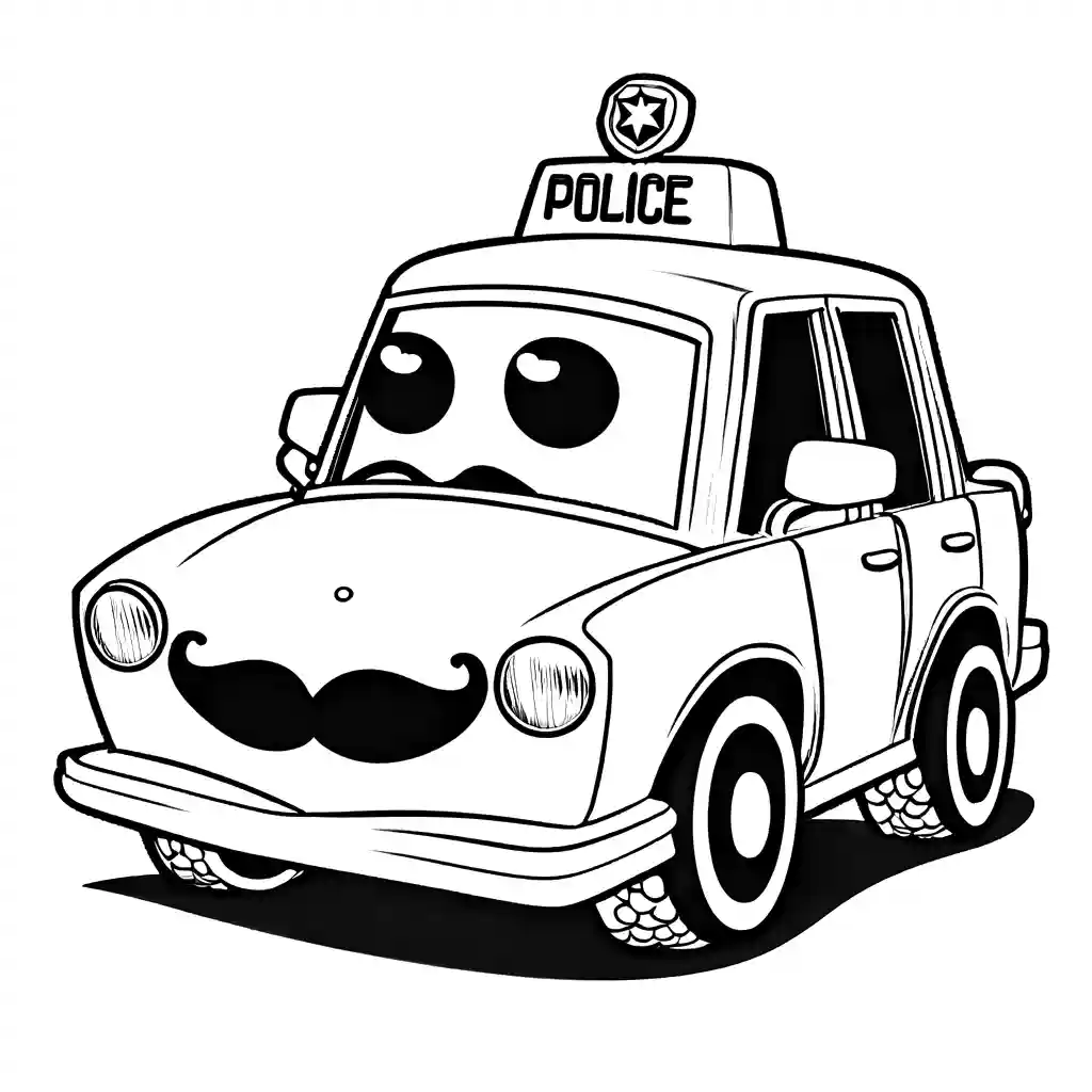 Playful police car coloring page with oversized sunglasses and moustache coloring page