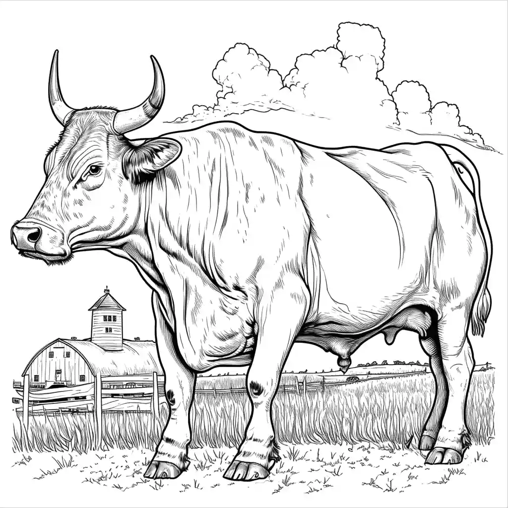 Confident bull coloring page in traditional farm setting coloring page