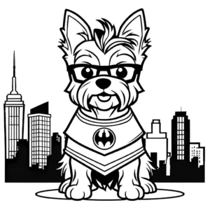 Confident superhero yorkie wearing costume with logo standing in the city coloring page