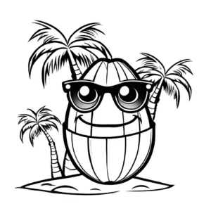 Cartoon coconut tree wearing sunglasses with coconuts as eyes and a wide smile coloring page
