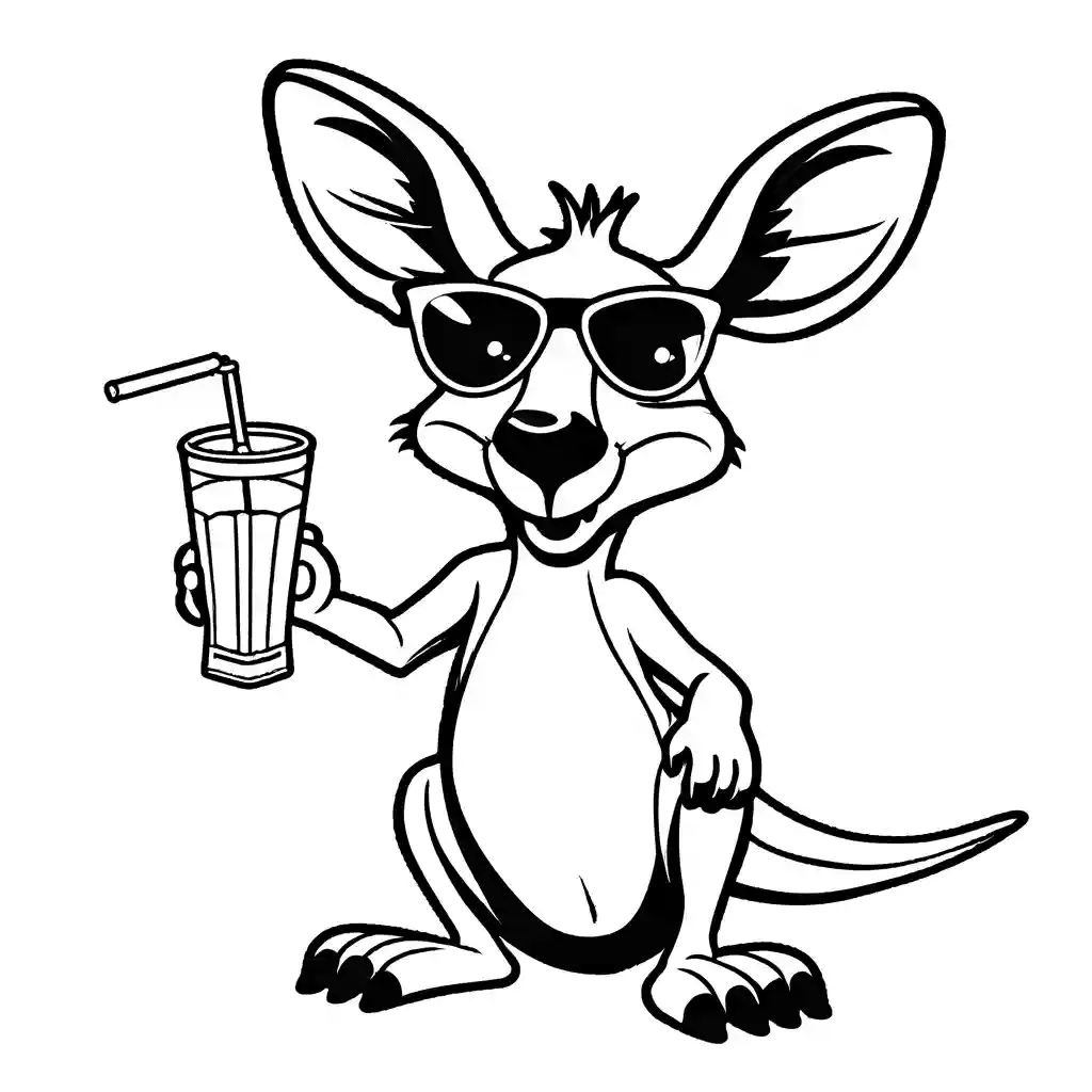 Kangaroo with sunglasses holding juice box in pouch coloring page