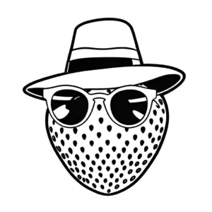 Cartoon-style strawberry wearing sunglasses and a hat, outlined coloring page