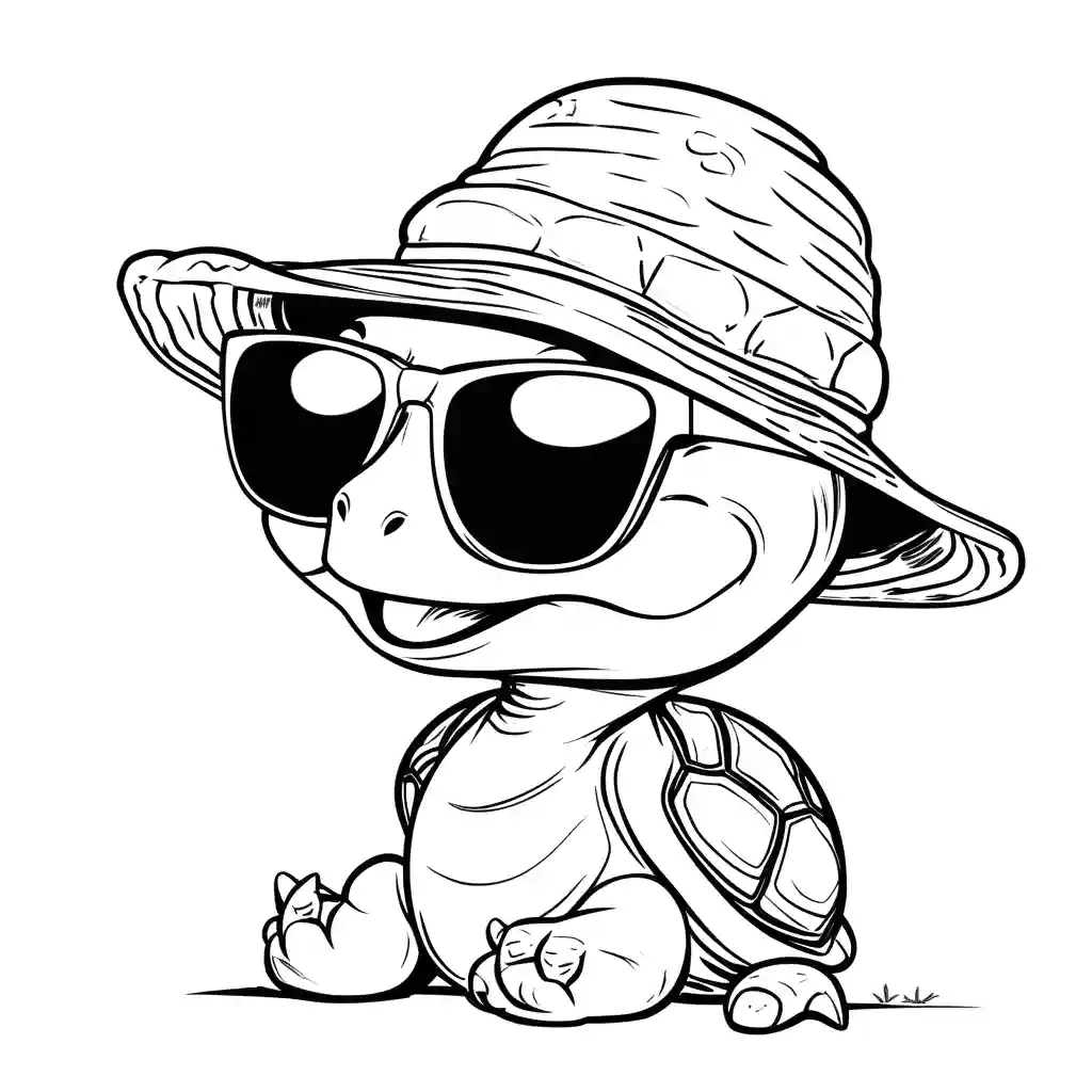 Cartoon turtle with sunglasses and hat coloring page