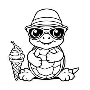 Funny turtle in sunglasses and hat holding an ice cream cone coloring page