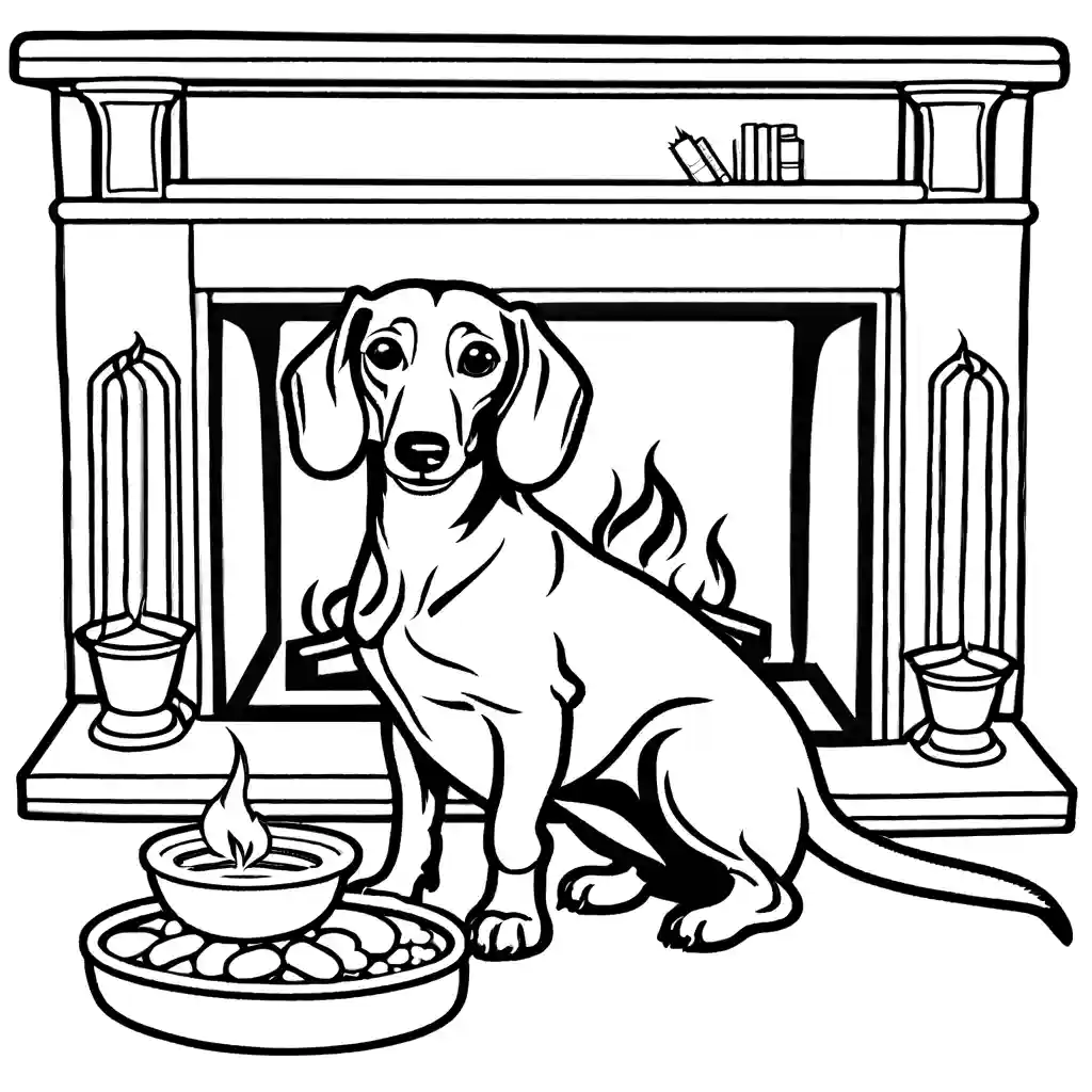 Dachshund dog relaxing next to a warm fire in a comfortable living room coloring page