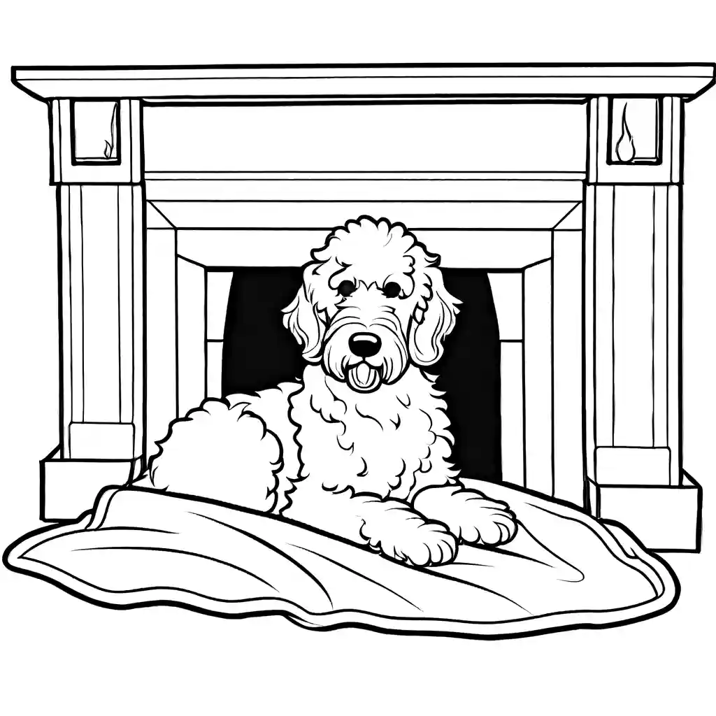 Adorable Goldendoodle cuddled up with a cozy blanket by the fireplace coloring page