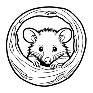 Opossum curled up in a cozy nest on coloring page
