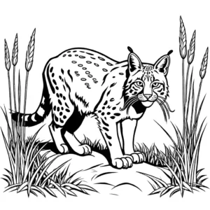 Bobcat crouching in grass ready to pounce coloring page