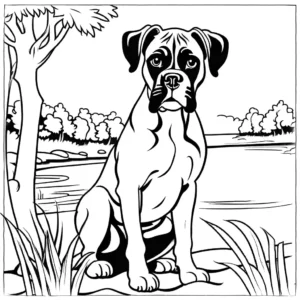 Boxer dog with a curious expression exploring the outdoors coloring page