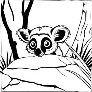 Lemur coloring page with a curious lemur peeking out from behind a rock in the forest coloring page