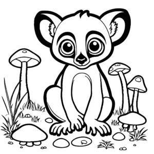 Lemur coloring page exploring forest floor with mushrooms and rocks coloring page