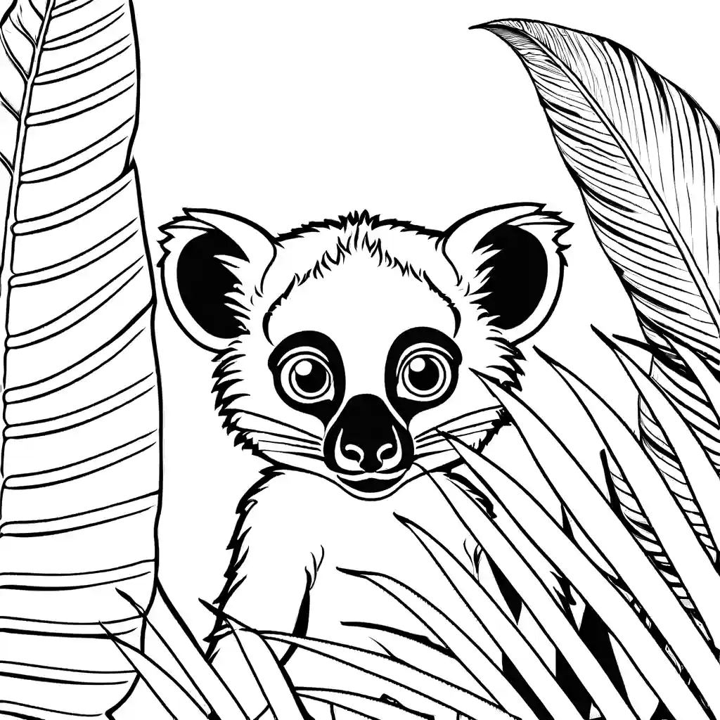 Lemur coloring page peeking from tropical leaves coloring page