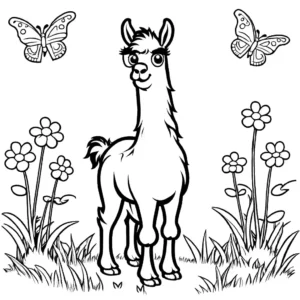 Llama with surprised expression explores field full of butterflies coloring page
