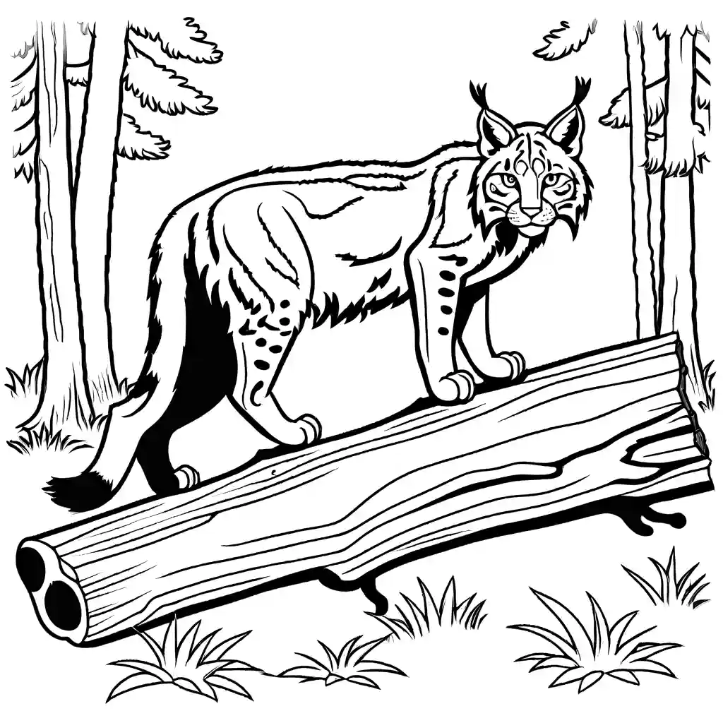 Lynx curiously investigating fallen log coloring page