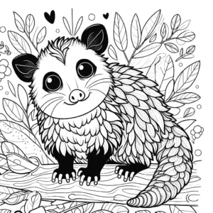 Adorable opossum surrounded by leaves and branches in a coloring page