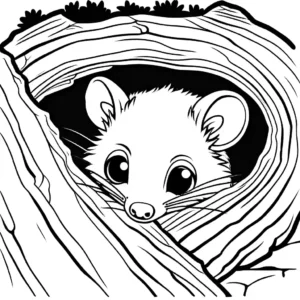 Adorable opossum coloring page peeking out of a log coloring page