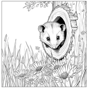 Opossum peeking out from a hollow log with a meadow and flowers in the background coloring page
