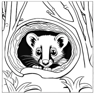 Weasel peeking out of tree hollow coloring page