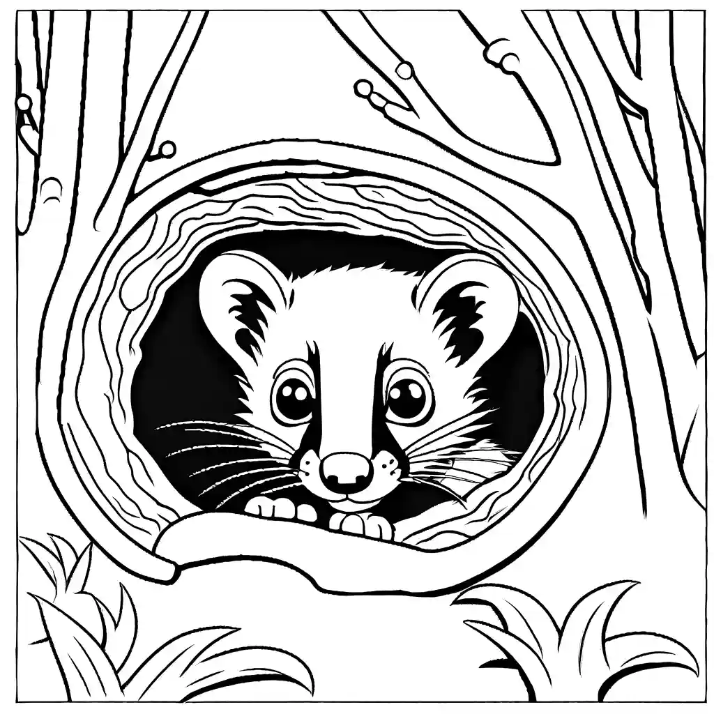 Weasel peeking out of tree hollow coloring page