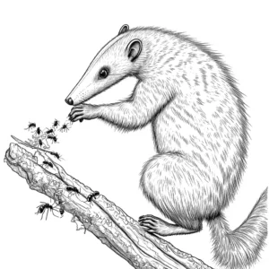 Anteater standing on hind legs reaching for ants on a tree branch coloring page