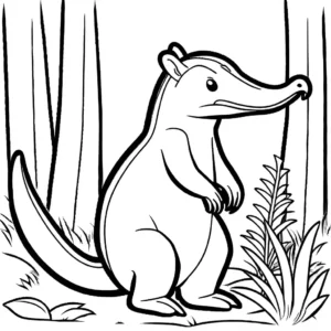 Sketch of a cute anteater with long snout and bushy tail in a forest setting coloring page