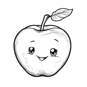 A clean line drawing of a cute apple character with a smiling face coloring page
